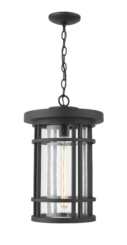 Z-Lite Jordan 12" 1-Light Black Aluminum Outdoor Chain Mount Ceiling Fixture With Clear Seedy Glass Shade