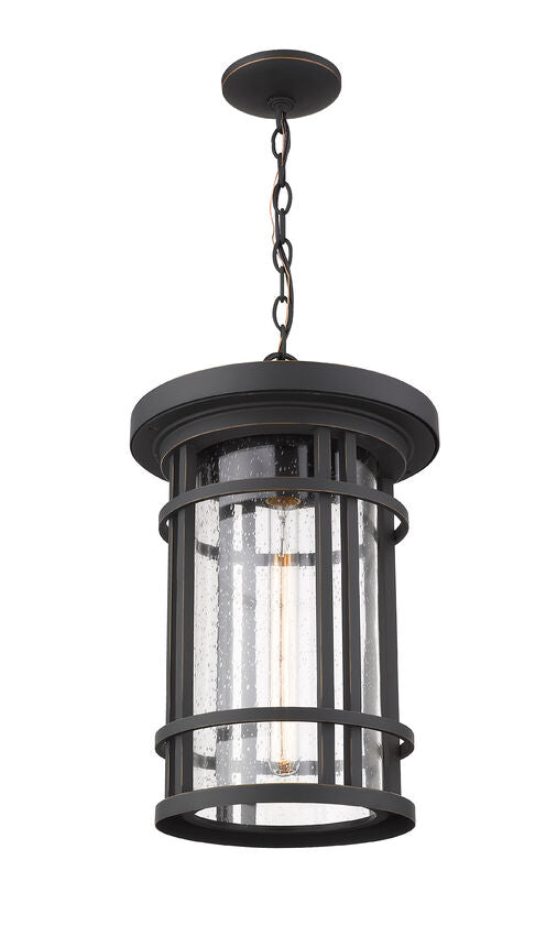 Z-Lite Jordan 12" 1-Light Oil Rubbed Bronze Aluminum Outdoor Chain Mount Ceiling Fixture With Clear Seedy Glass Shade