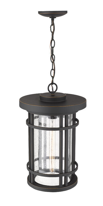 Z-Lite Jordan 12" 1-Light Oil Rubbed Bronze Aluminum Outdoor Chain Mount Ceiling Fixture With Clear Seedy Glass Shade