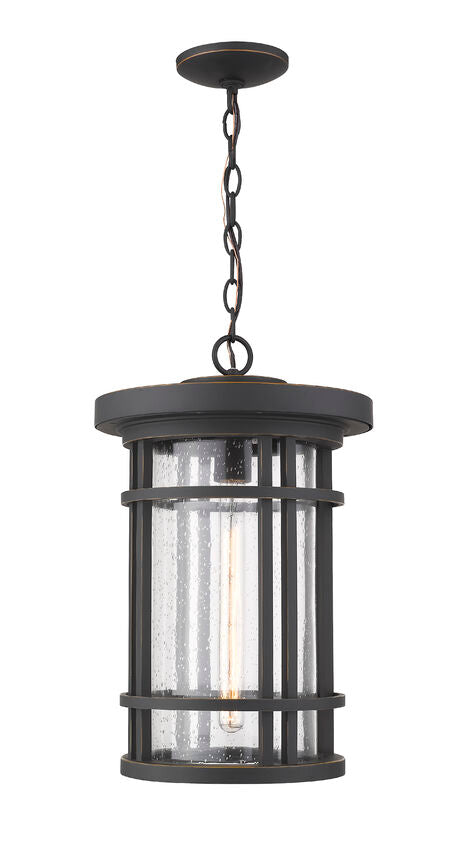 Z-Lite Jordan 12" 1-Light Oil Rubbed Bronze Aluminum Outdoor Chain Mount Ceiling Fixture With Clear Seedy Glass Shade