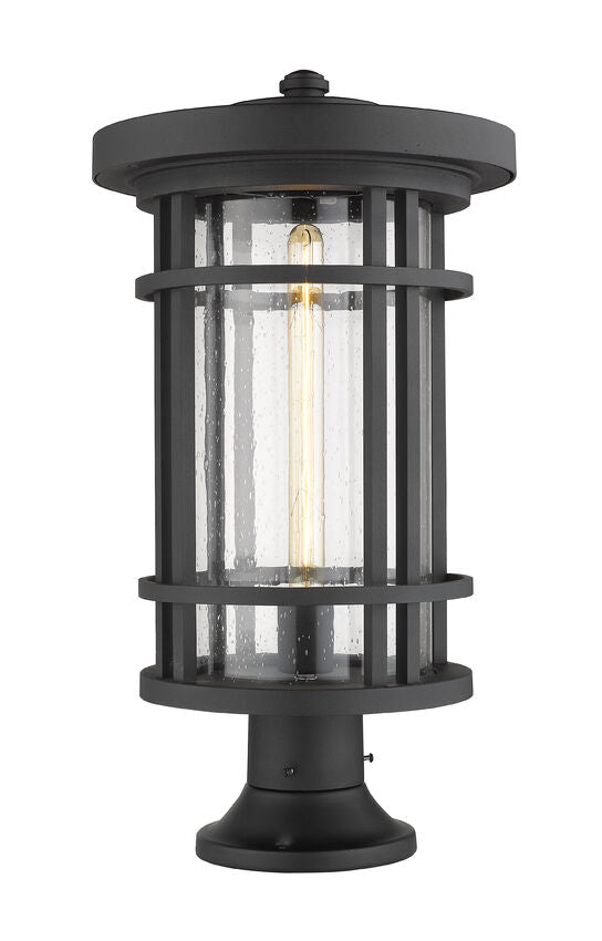 Z-Lite Jordan 12" W x 22" H 1-Light Black Outdoor Post Mount Fixture and Round Pier Mount With Clear Seedy Glass Shade