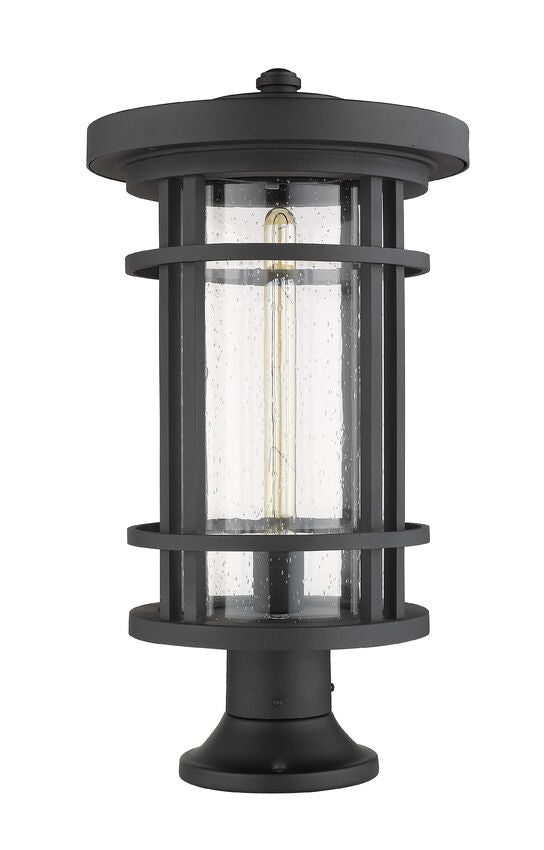 Z-Lite Jordan 12" W x 22" H 1-Light Black Outdoor Post Mount Fixture and Round Pier Mount With Clear Seedy Glass Shade