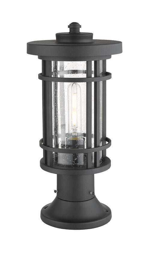 Z-Lite Jordan 8" W x 17" H 1-Light Black Outdoor Post Mount Fixture and Round Pier Mount With Clear Seedy Glass Shade