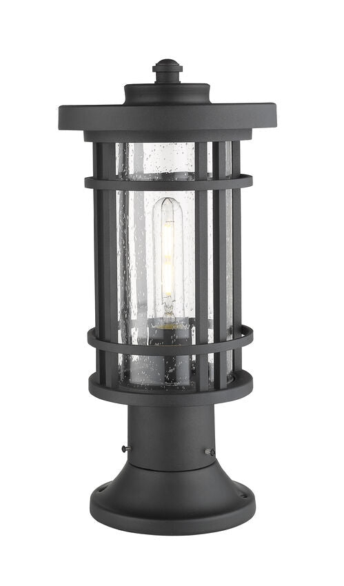 Z-Lite Jordan 8" W x 17" H 1-Light Black Outdoor Post Mount Fixture and Round Pier Mount With Clear Seedy Glass Shade