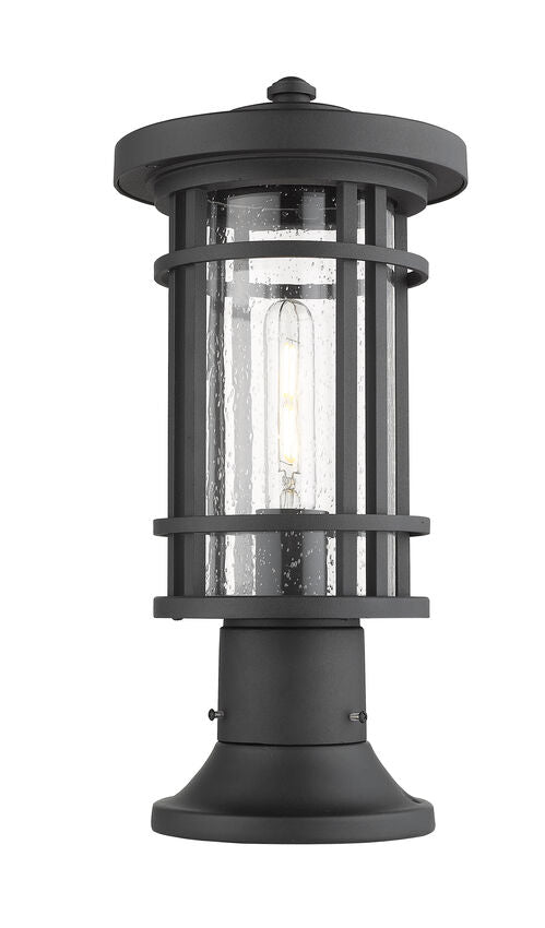 Z-Lite Jordan 8" W x 17" H 1-Light Black Outdoor Post Mount Fixture and Round Pier Mount With Clear Seedy Glass Shade