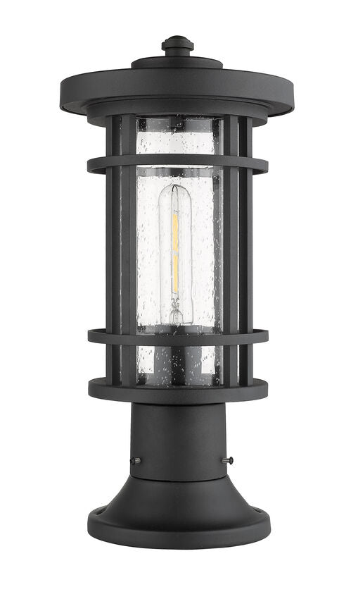 Z-Lite Jordan 8" W x 17" H 1-Light Black Outdoor Post Mount Fixture and Round Pier Mount With Clear Seedy Glass Shade