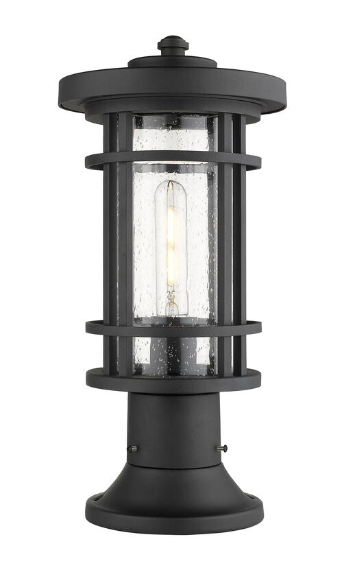 Z-Lite Jordan 8" W x 17" H 1-Light Black Outdoor Post Mount Fixture and Round Pier Mount With Clear Seedy Glass Shade