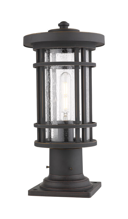 Z-Lite Jordan 8" W x 17" H 1-Light Oil Rubbed Bronze Outdoor Post Mount Fixture and Square Pier Mount With Clear Seedy Glass Shade