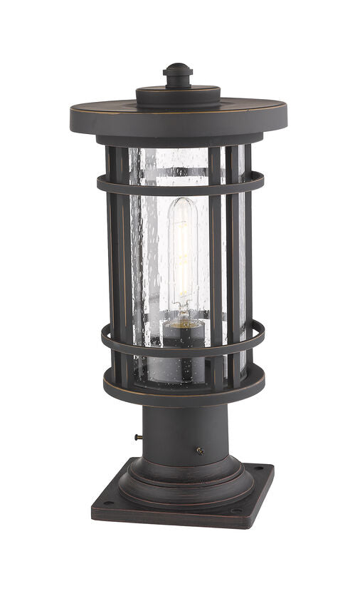 Z-Lite Jordan 8" W x 17" H 1-Light Oil Rubbed Bronze Outdoor Post Mount Fixture and Square Pier Mount With Clear Seedy Glass Shade