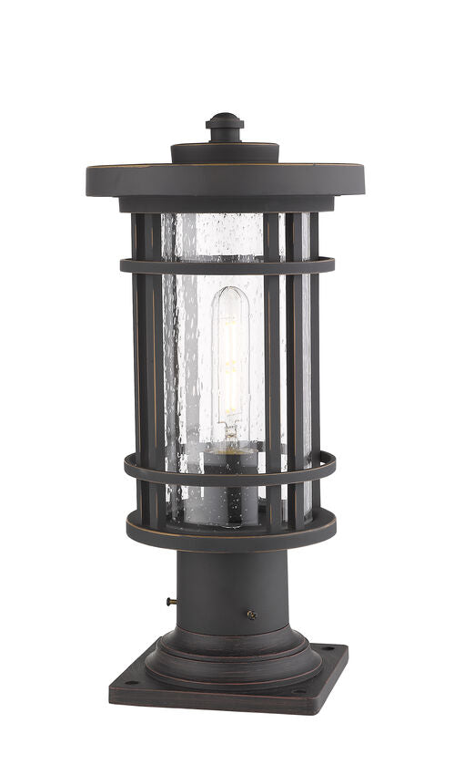 Z-Lite Jordan 8" W x 17" H 1-Light Oil Rubbed Bronze Outdoor Post Mount Fixture and Square Pier Mount With Clear Seedy Glass Shade