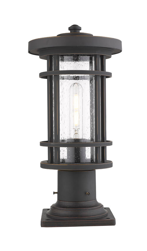 Z-Lite Jordan 8" W x 17" H 1-Light Oil Rubbed Bronze Outdoor Post Mount Fixture and Square Pier Mount With Clear Seedy Glass Shade