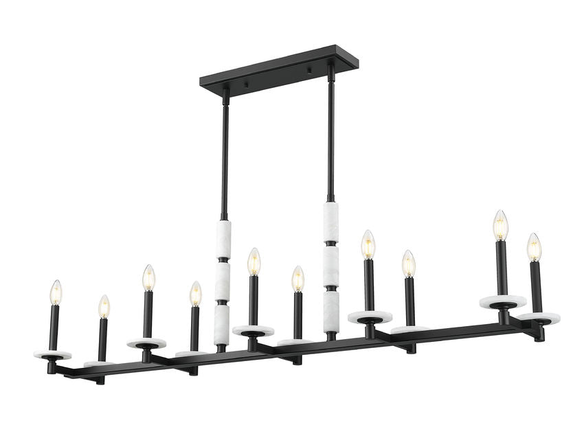 Z-Lite Kaden 10-Light Candelabra Bulb Base Matte Black Steel Frame Stone Alabaster Linear Chandelier
