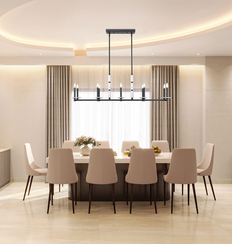 Z-Lite Kaden 10-Light Candelabra Bulb Base Matte Black Steel Frame Stone Alabaster Linear Chandelier