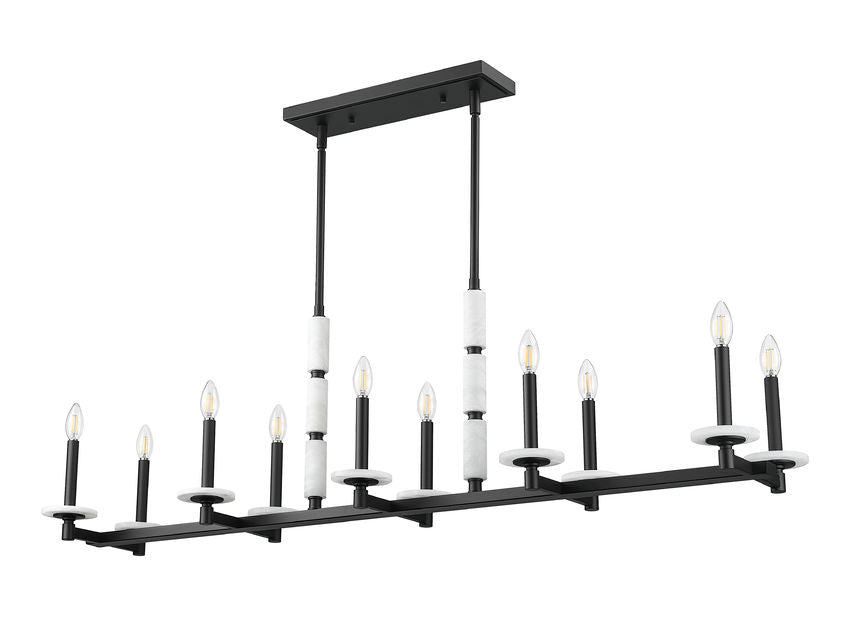 Z-Lite Kaden 10-Light Candelabra Bulb Base Matte Black Steel Frame Stone Alabaster Linear Chandelier