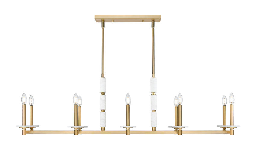 Z-Lite Kaden 10-Light Candelabra Bulb Base Modern Gold Steel Frame Stone Alabaster Linear Chandelier