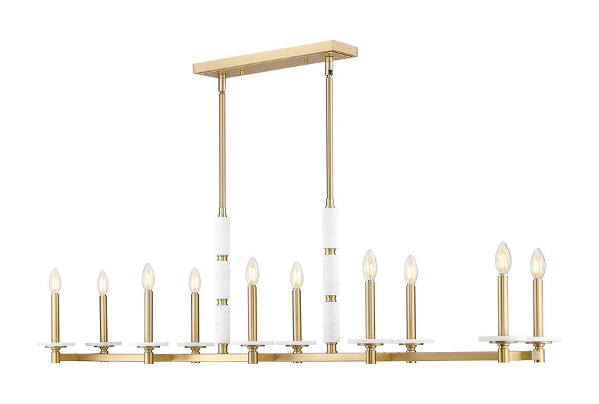 Z-Lite Kaden 10-Light Candelabra Bulb Base Modern Gold Steel Frame Stone Alabaster Linear Chandelier