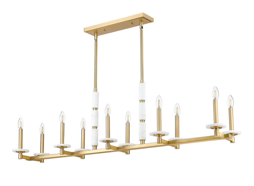 Z-Lite Kaden 10-Light Candelabra Bulb Base Modern Gold Steel Frame Stone Alabaster Linear Chandelier