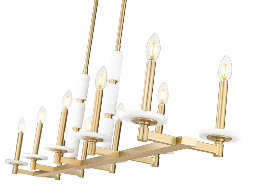 Z-Lite Kaden 10-Light Candelabra Bulb Base Modern Gold Steel Frame Stone Alabaster Linear Chandelier