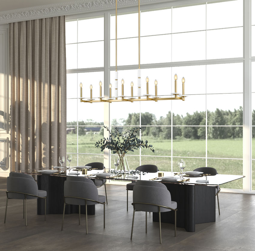 Z-Lite Kaden 10-Light Candelabra Bulb Base Modern Gold Steel Frame Stone Alabaster Linear Chandelier