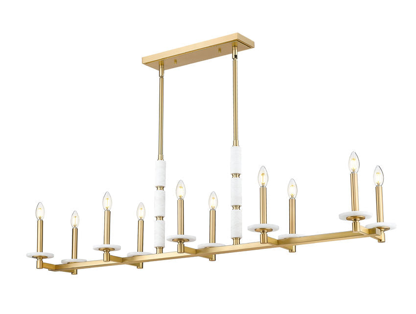 Z-Lite Kaden 10-Light Candelabra Bulb Base Modern Gold Steel Frame Stone Alabaster Linear Chandelier