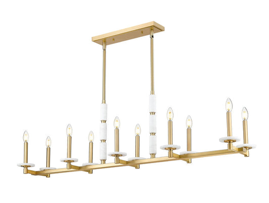Z-Lite Kaden 10-Light Candelabra Bulb Base Modern Gold Steel Frame Stone Alabaster Linear Chandelier