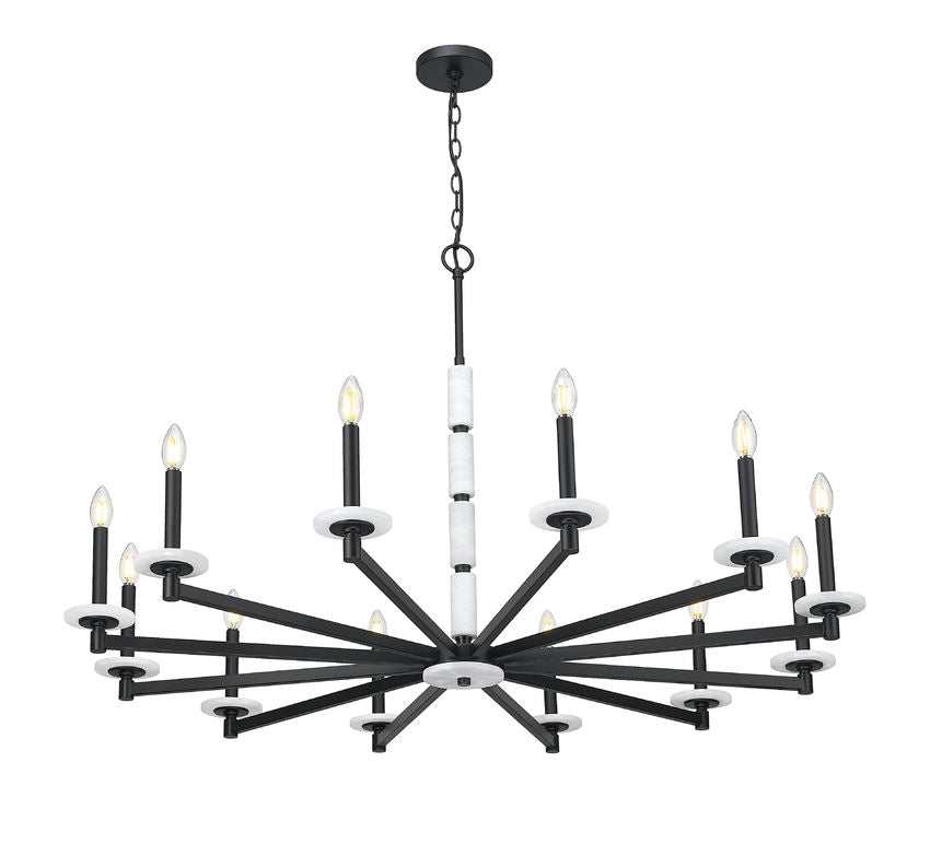 Z-Lite Kaden 12-Light Candelabra Bulb Base Matte Black Steel Frame Stone Alabaster Chandelier