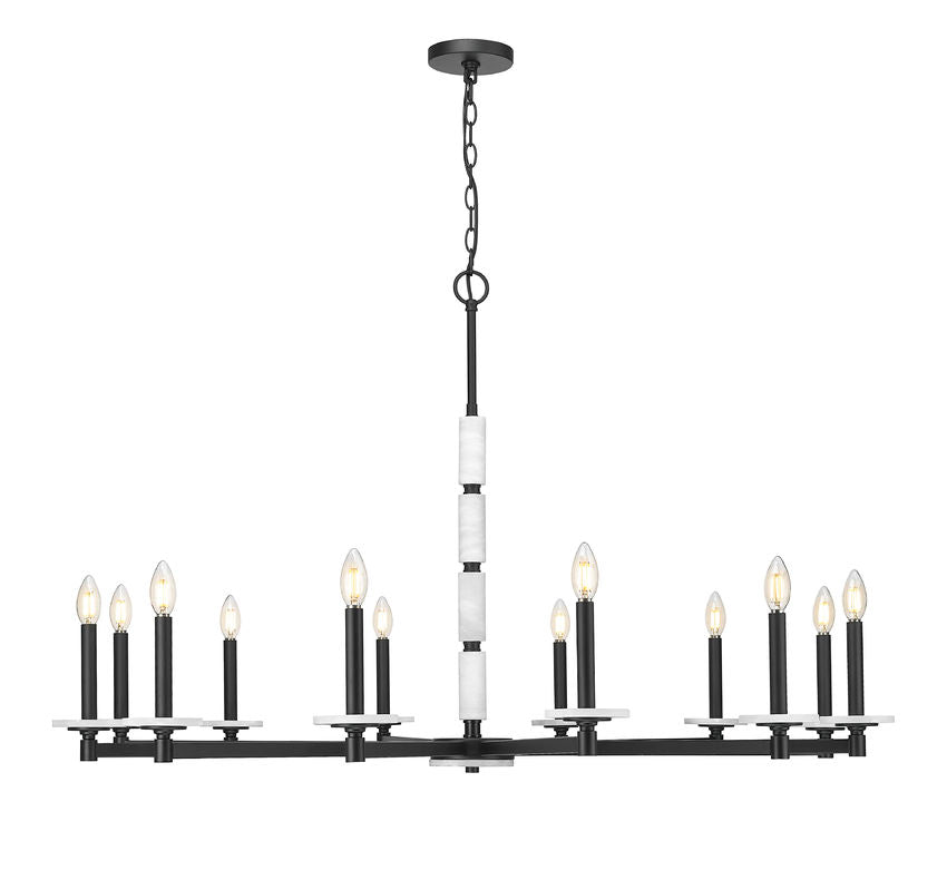 Z-Lite Kaden 12-Light Candelabra Bulb Base Matte Black Steel Frame Stone Alabaster Chandelier