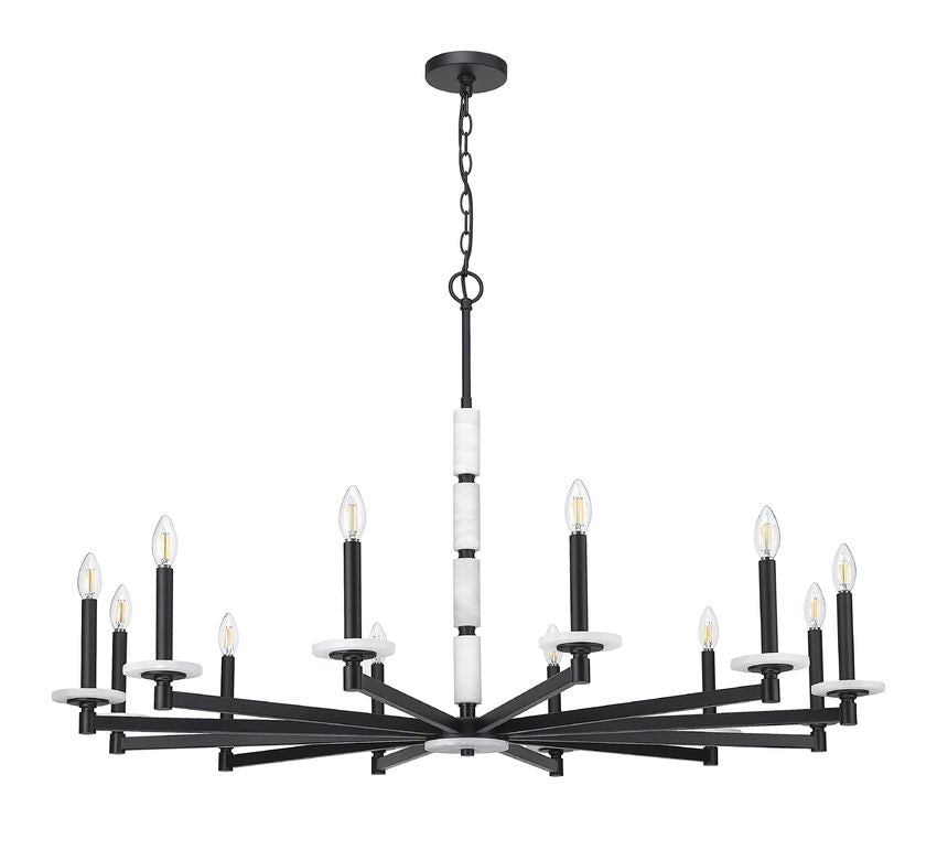 Z-Lite Kaden 12-Light Candelabra Bulb Base Matte Black Steel Frame Stone Alabaster Chandelier