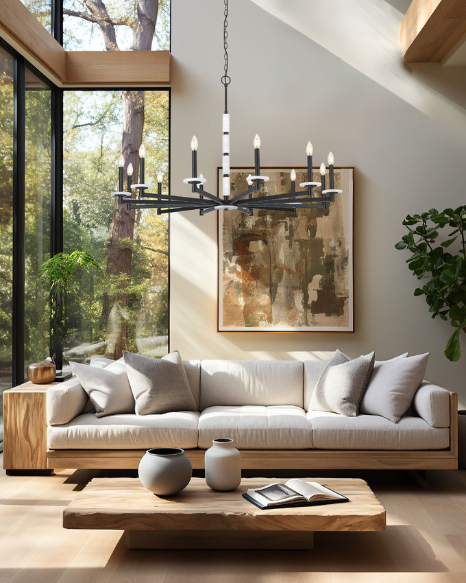 Z-Lite Kaden 12-Light Candelabra Bulb Base Matte Black Steel Frame Stone Alabaster Chandelier