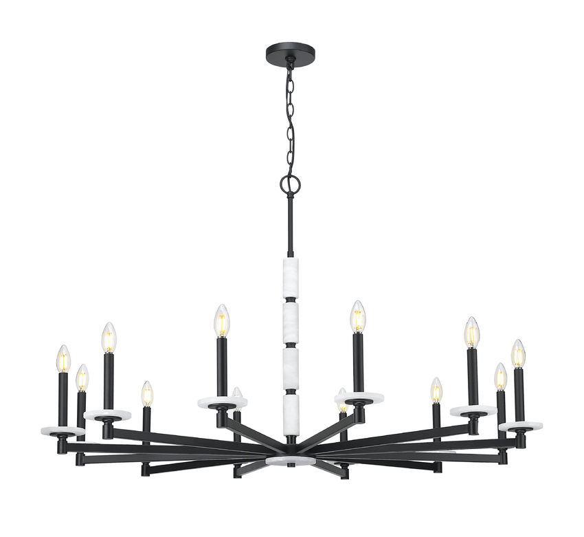 Z-Lite Kaden 12-Light Candelabra Bulb Base Matte Black Steel Frame Stone Alabaster Chandelier