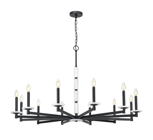 Z-Lite Kaden 12-Light Candelabra Bulb Base Matte Black Steel Frame Stone Alabaster Chandelier