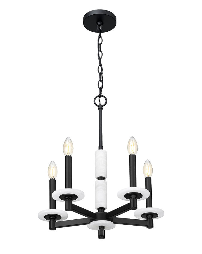 Z-Lite Kaden 5-Light Candelabra Bulb Base Matte Black Steel Frame Stone Alabaster Chandelier