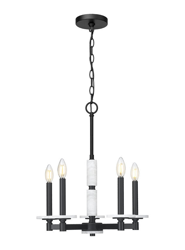 Z-Lite Kaden 5-Light Candelabra Bulb Base Matte Black Steel Frame Stone Alabaster Chandelier