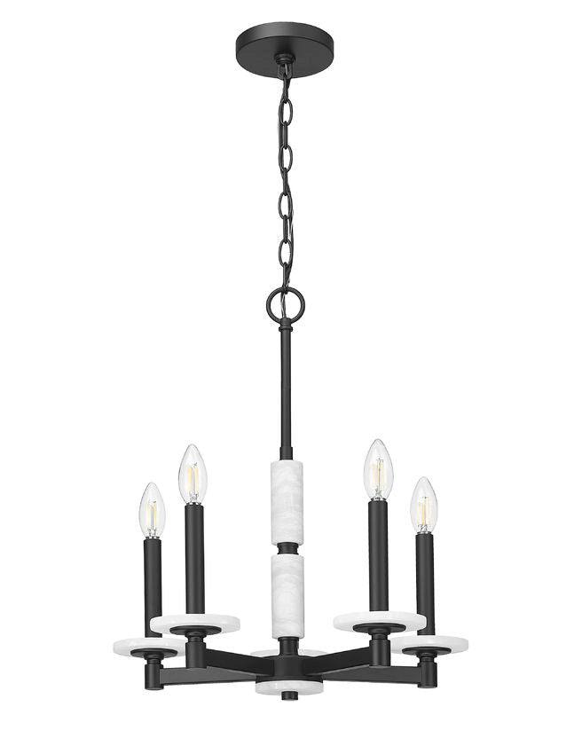 Z-Lite Kaden 5-Light Candelabra Bulb Base Matte Black Steel Frame Stone Alabaster Chandelier