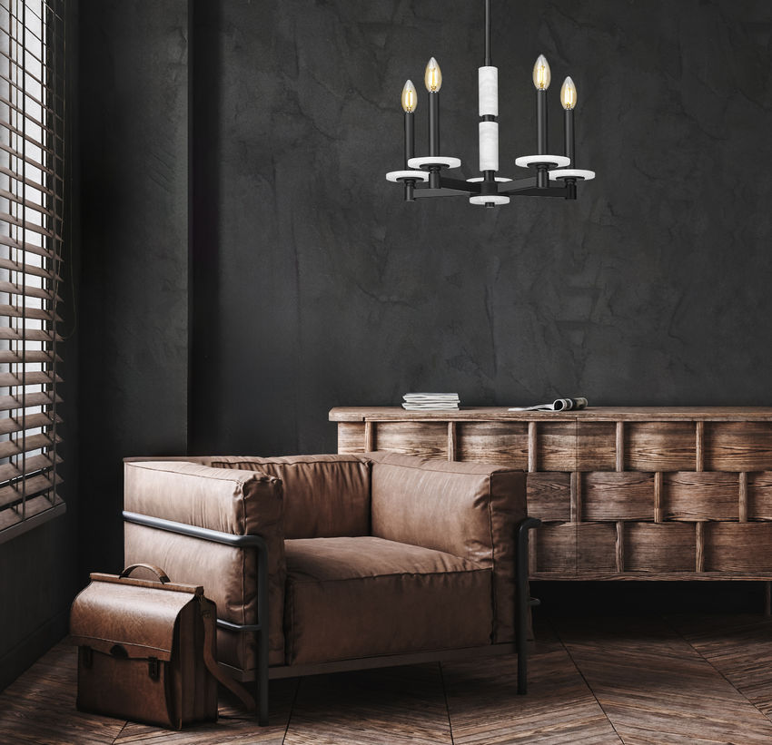 Z-Lite Kaden 5-Light Candelabra Bulb Base Matte Black Steel Frame Stone Alabaster Chandelier