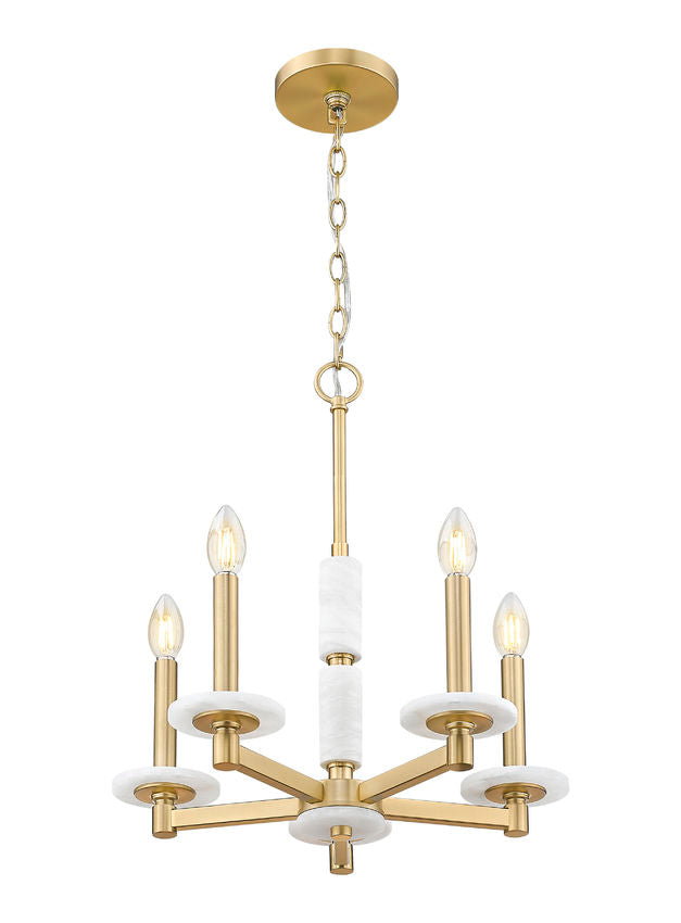 Z-Lite Kaden 5-Light Candelabra Bulb Base Modern Gold Steel Frame Stone Alabaster Chandelier