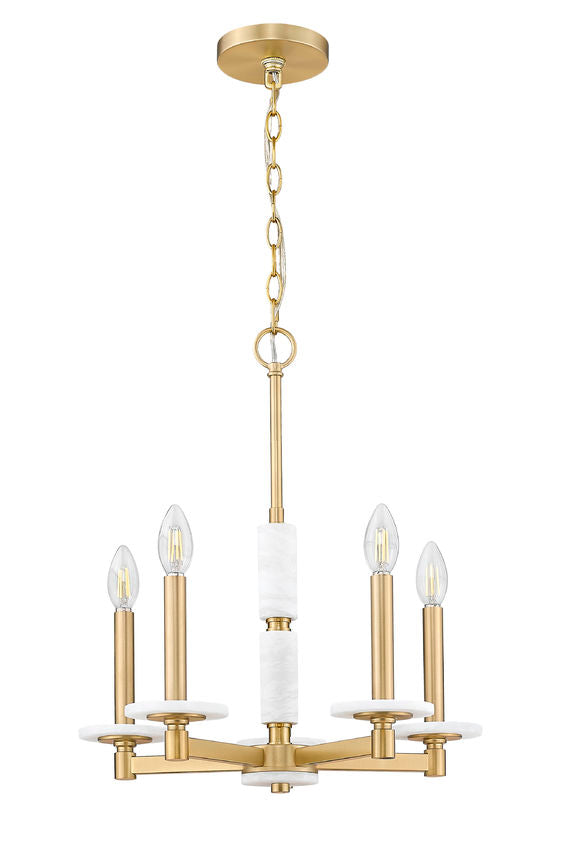Z-Lite Kaden 5-Light Candelabra Bulb Base Modern Gold Steel Frame Stone Alabaster Chandelier