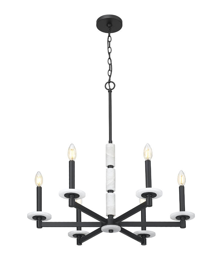 Z-Lite Kaden 6-Light Candelabra Bulb Base Matte Black Steel Frame Stone Alabaster Chandelier