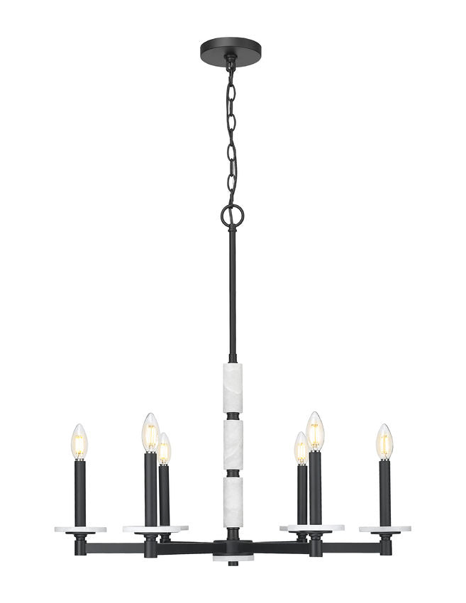 Z-Lite Kaden 6-Light Candelabra Bulb Base Matte Black Steel Frame Stone Alabaster Chandelier