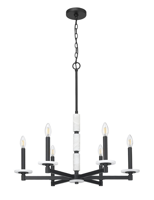 Z-Lite Kaden 6-Light Candelabra Bulb Base Matte Black Steel Frame Stone Alabaster Chandelier