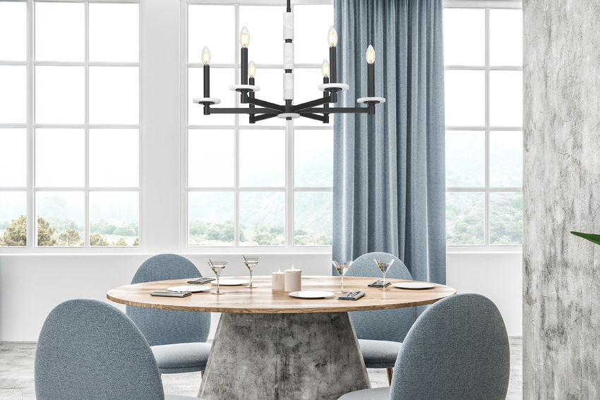 Z-Lite Kaden 6-Light Candelabra Bulb Base Matte Black Steel Frame Stone Alabaster Chandelier
