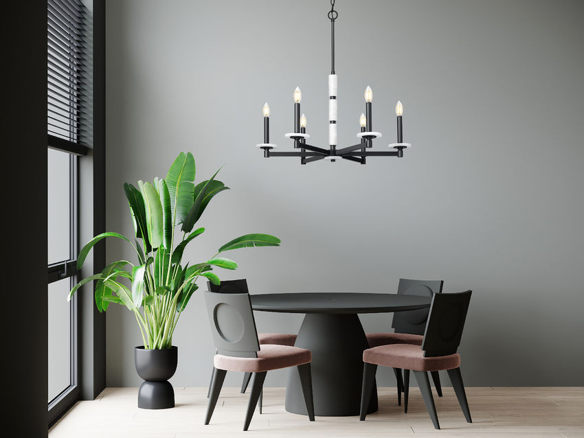 Z-Lite Kaden 6-Light Candelabra Bulb Base Matte Black Steel Frame Stone Alabaster Chandelier