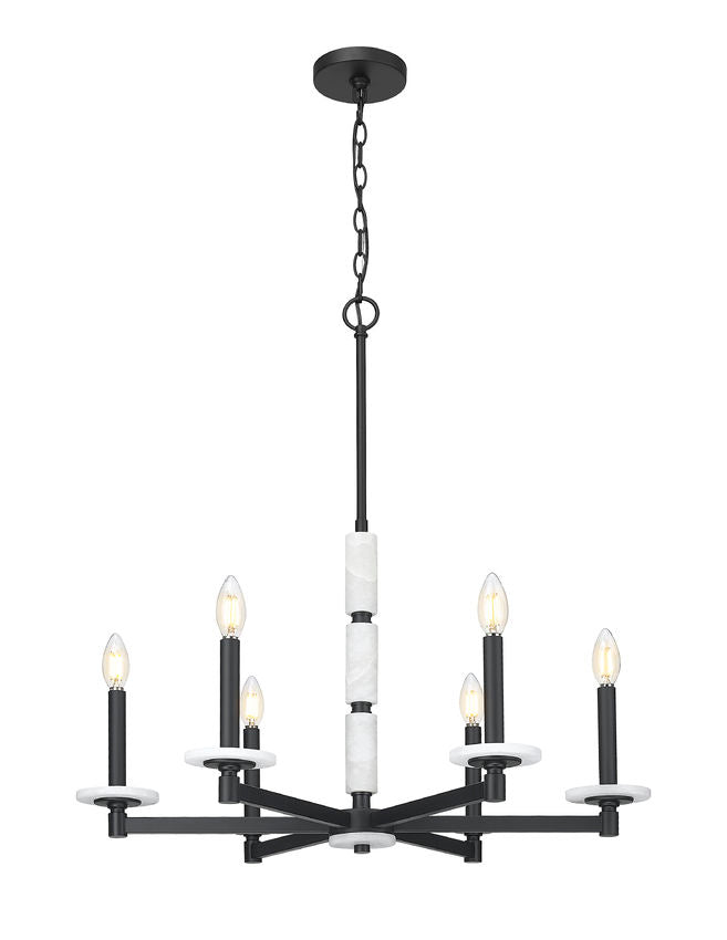 Z-Lite Kaden 6-Light Candelabra Bulb Base Matte Black Steel Frame Stone Alabaster Chandelier