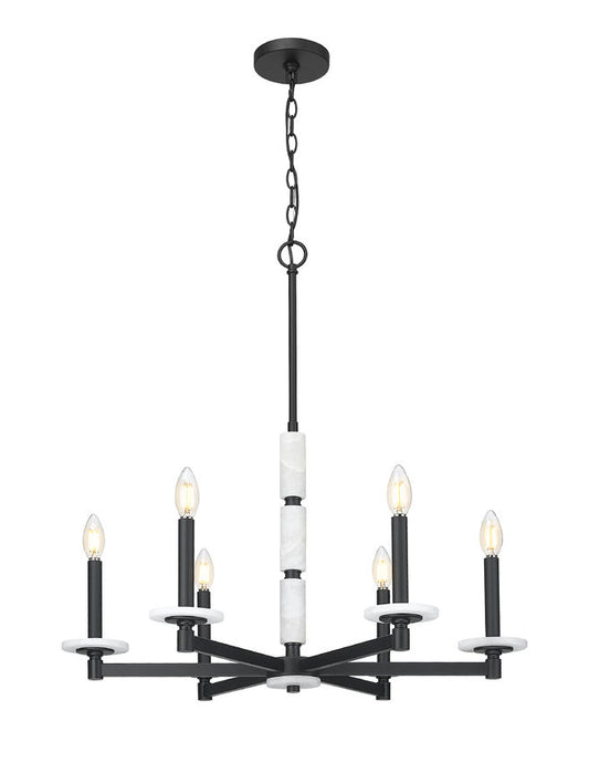 Z-Lite Kaden 6-Light Candelabra Bulb Base Matte Black Steel Frame Stone Alabaster Chandelier