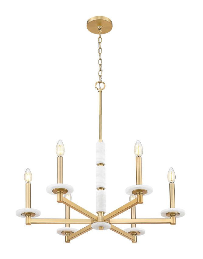 Z-Lite Kaden 6-Light Candelabra Bulb Base Modern Gold Steel Frame Stone Alabaster Chandelier