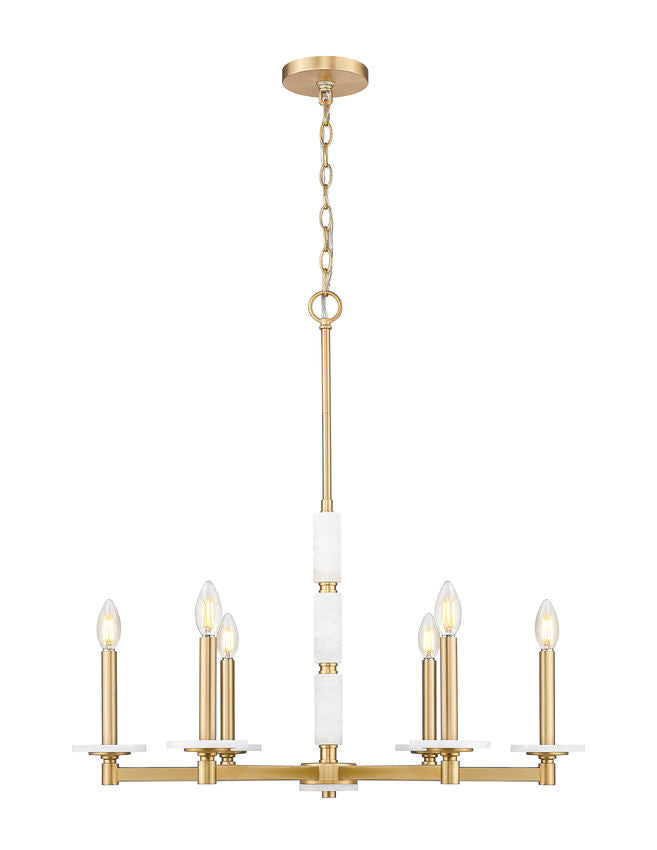 Z-Lite Kaden 6-Light Candelabra Bulb Base Modern Gold Steel Frame Stone Alabaster Chandelier