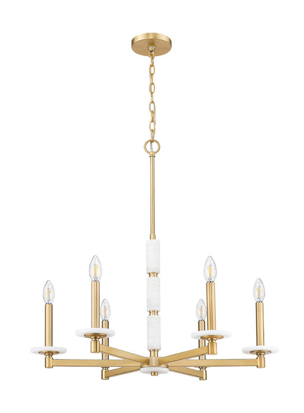 Z-Lite Kaden 6-Light Candelabra Bulb Base Modern Gold Steel Frame Stone Alabaster Chandelier