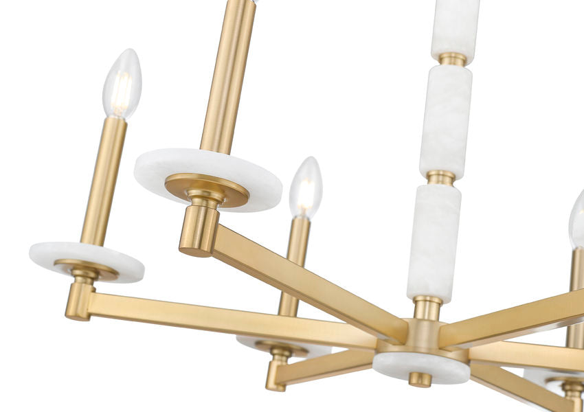Z-Lite Kaden 6-Light Candelabra Bulb Base Modern Gold Steel Frame Stone Alabaster Chandelier