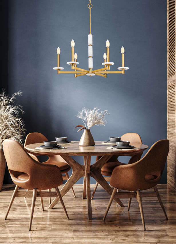 Z-Lite Kaden 6-Light Candelabra Bulb Base Modern Gold Steel Frame Stone Alabaster Chandelier