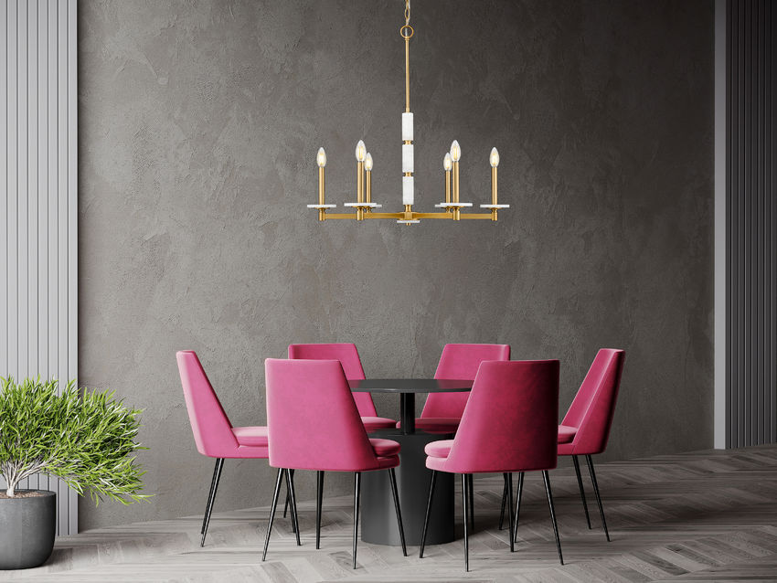 Z-Lite Kaden 6-Light Candelabra Bulb Base Modern Gold Steel Frame Stone Alabaster Chandelier